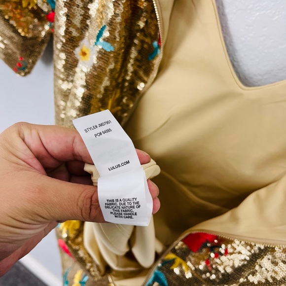 Lulu’s Let It Shine Gold Floral Embroidered Sequin Bodycon Dress - Picture 8 of 9